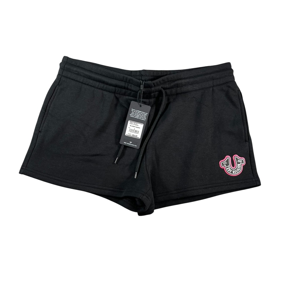 True Religion Womens Jet Black TR Script Shorts Size Large Fleece 601179 NWT